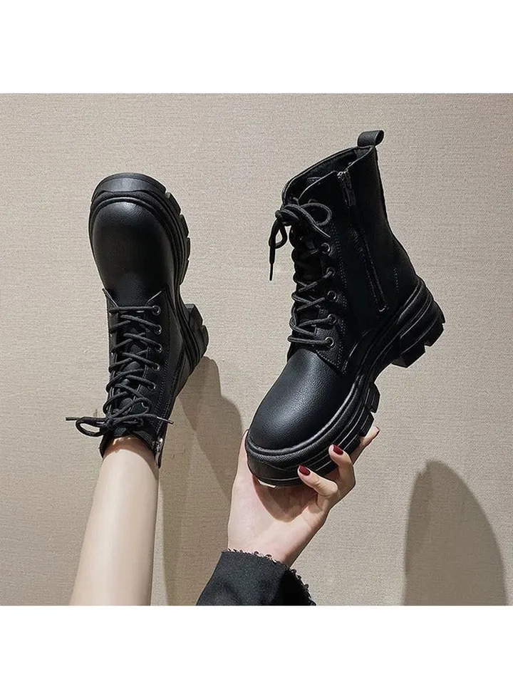 Women's Ankle Boots Ladies Combat Ankle Winter Warm Soft Casual Shoes Women High Top Leather Martin Boots Women Low Heel Lace Up Outdoor Trekking Hiking Work Boots