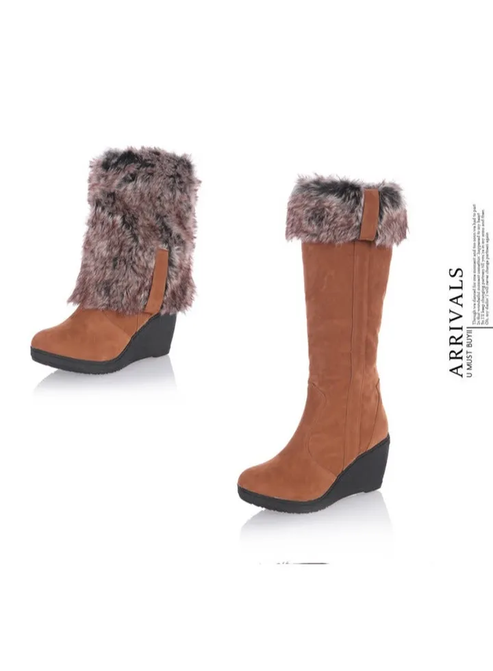 Women's Fluffy Furry Knee High Boots, Winter Warm Wedge Long Boots, Thermal Pull On Suedette Boots