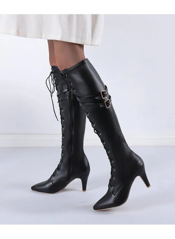 Women's Block Heeled Knee High Boots, Fashion Lace Up Side Zipper Boots, Stylish Point Toe Faux Leather Boots