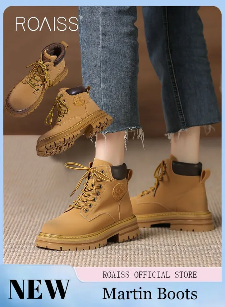 Women's Ankle Boots Ladies Combat Ankle Winter Warm Soft Casual Shoes Women High Top Leather Martin Boots Women Low Heel Lace Up Outdoor Trekking Hiking Work Boots