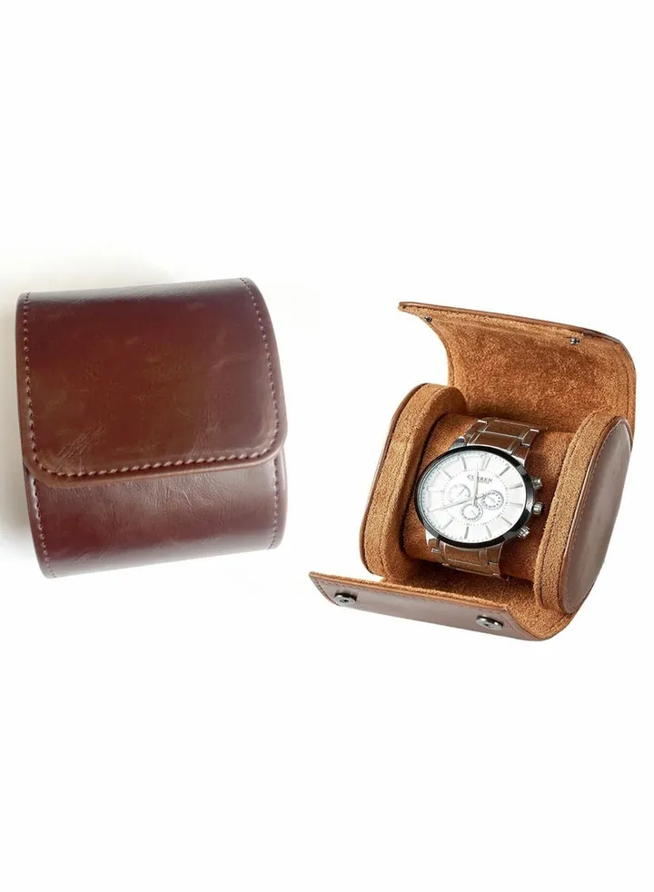 Watch Case, Brown Real Leather Watch Roll Single Watch Travel Case, Leather Watch Box Roll, Great for Travel with Large Watches Watch Storage Organizer, Jewelry Gift Box, 1 Pcs, Brown