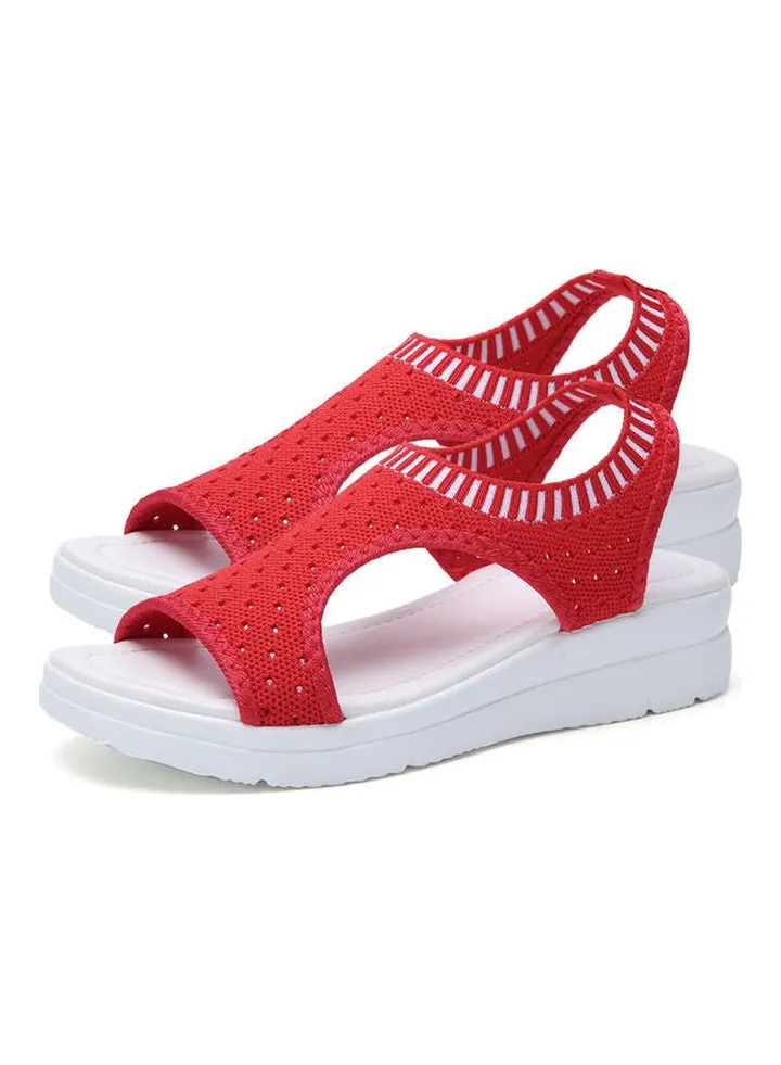Women Fashion Open Toe Low Wedge Knitted Sandals Indoor Outdoor Platform Shoes Red