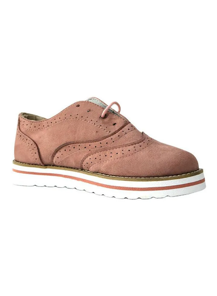 Women Anti-Skid Lace-Up Wingtip Brogue Hollow Shoes Pink