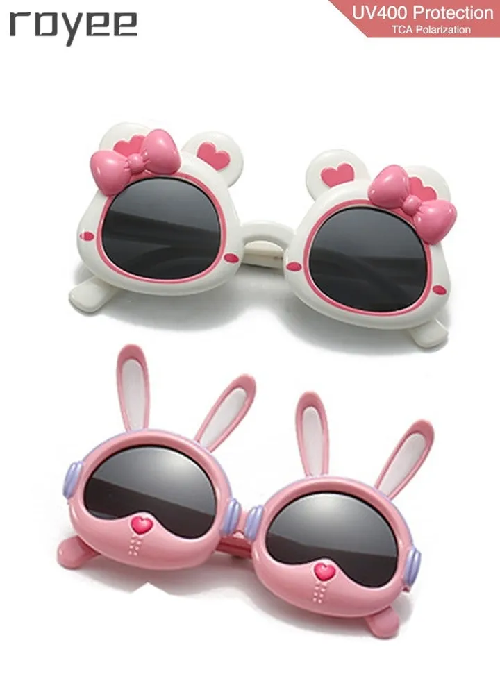 2 Pack New children's Rabbit sunglasses, polarized foldable sunglasses, UV400 protection sunglasses for Age 2-4 6-8 10-12 Boys Girls boys and girls,TPEE Frame - White and Pink