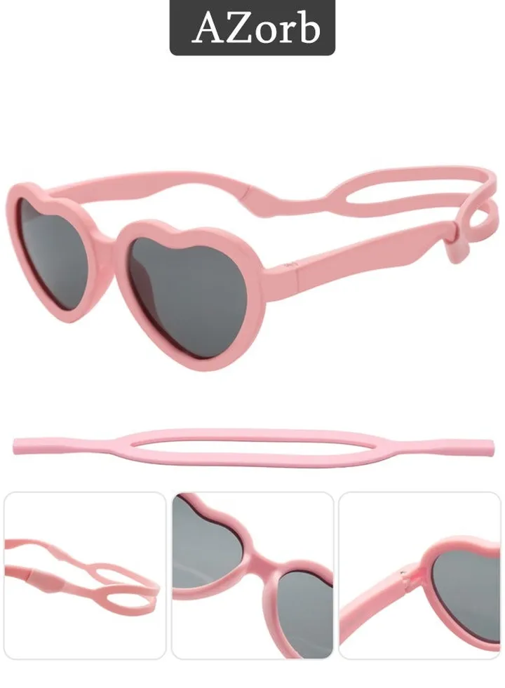 Baby Sunglasses with Silicone Strap Polarized Heart Shaped Shades TPE Frame Sun Glasses Adjustable for Kids Boys Girls Toddler Infant Age 0-3 Years Pink