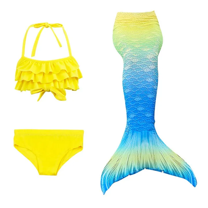 3-Piece Mermaid Swimming Suit With Bikini Set Yellow/Blue