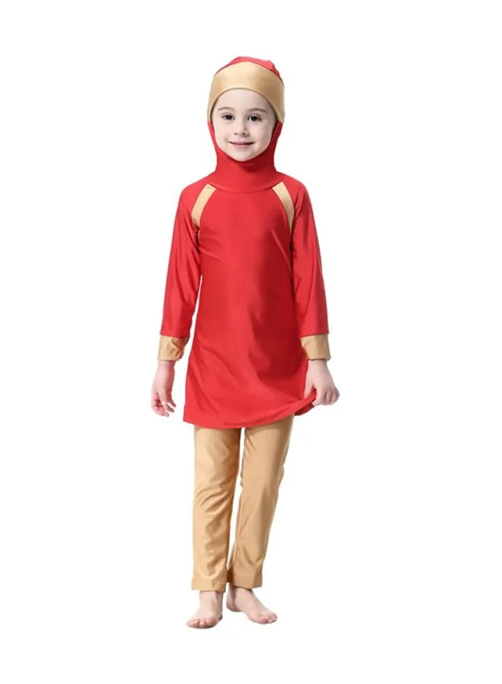 2-Piece Long Sleeve Hooded Burkini Red/Beige