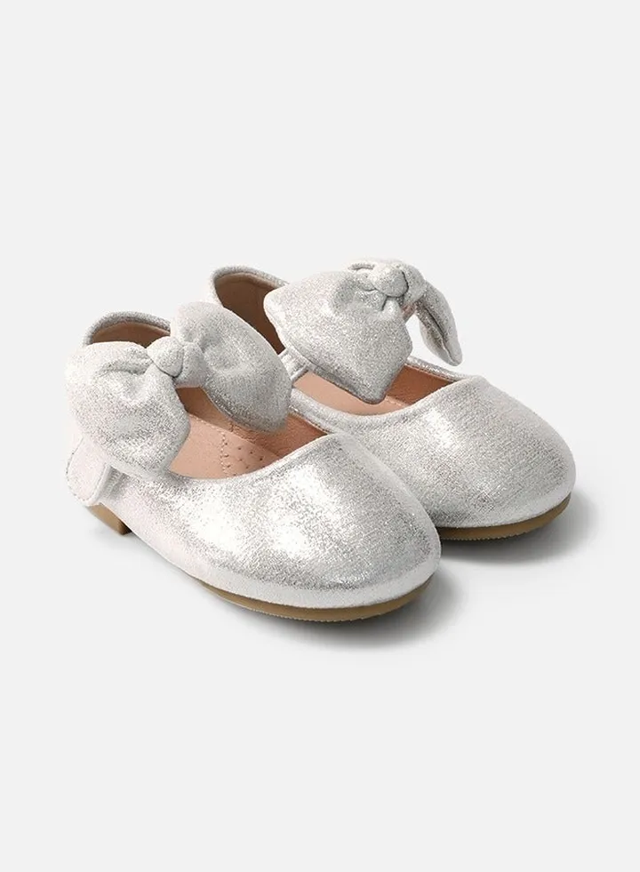 Girls' Soft Sole Leather Shoes With Bow - Silver