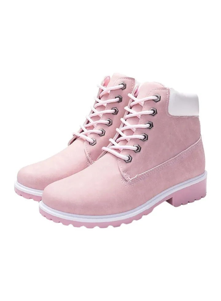Faux Leather Lace-Up Boots Pink/White