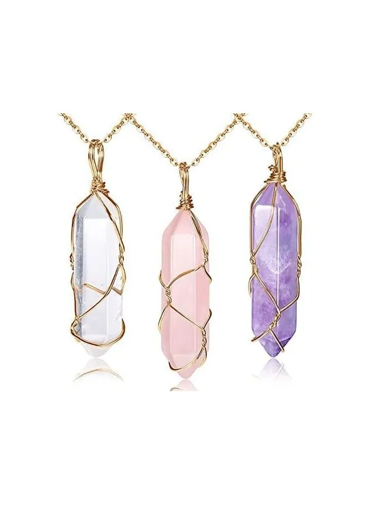 3 Pieces Crystal Necklaces,Quartz Pendant Energy Healing Crystal Necklace Natural Hexagonal Gemstone Pendant for Women Girls