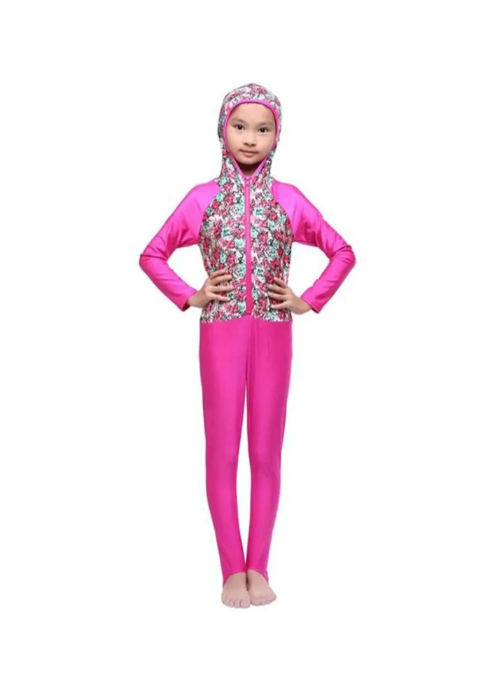 Regular Fit Hooded Neck Burkini Pink/White/Green