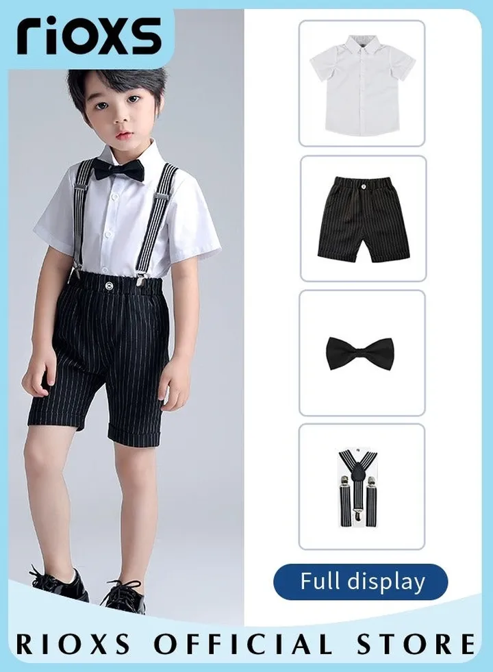 Kids Boys 4pcs Formal Dresswear Gentleman Suits Set Ceremony Clothing Set with Short Sleeves Shirt Bowtie Pants and Suspender for Party Wedding Performance and Formal Occasions