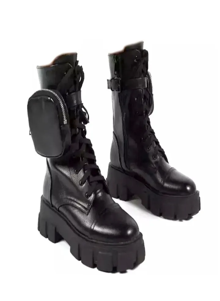 Wide Fit Chunky Pouch Martin Style Combat Ankle Boots Black