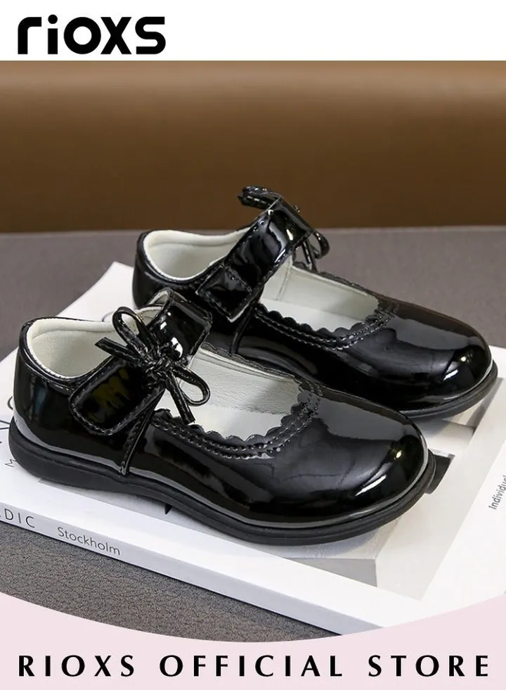 Girls Princess Leather Shoes Mary Jane Dance Flats Low Heel School Uniform Shoes With Bowknot