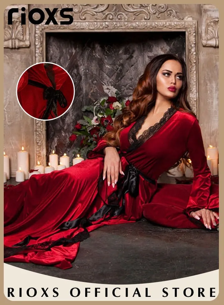 Women's V Neck Lace Hollow Loose Nightdress Loungewear Soft Gold Velvet Sleepwear Elegant Long Sleeve Nightgown Robe with Belt