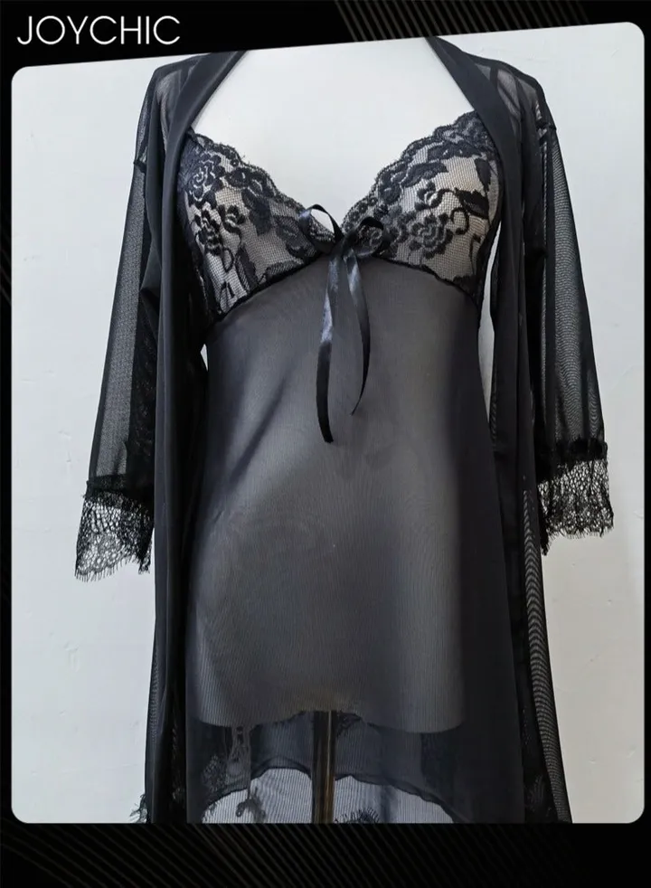 Women ComfortableLace Trim Nightdress Breathable Sleepwear Black