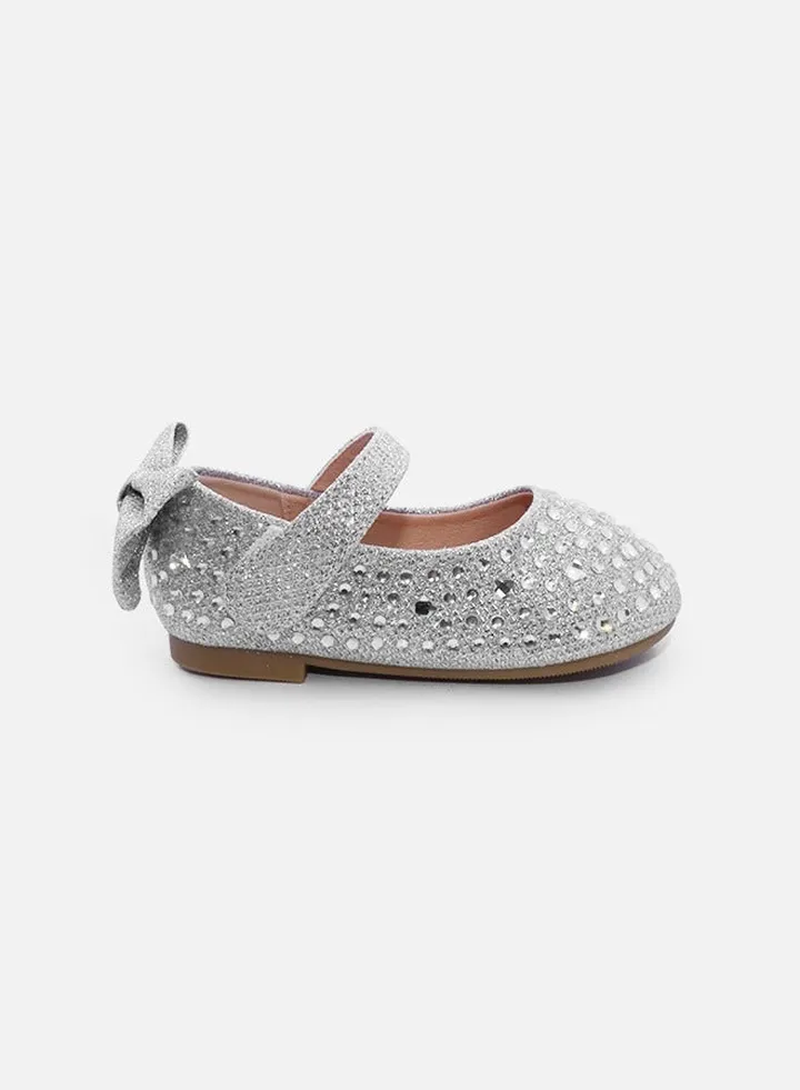 Girls Sandals Princess Bow Flats with Rhinestone Loafers - Silver