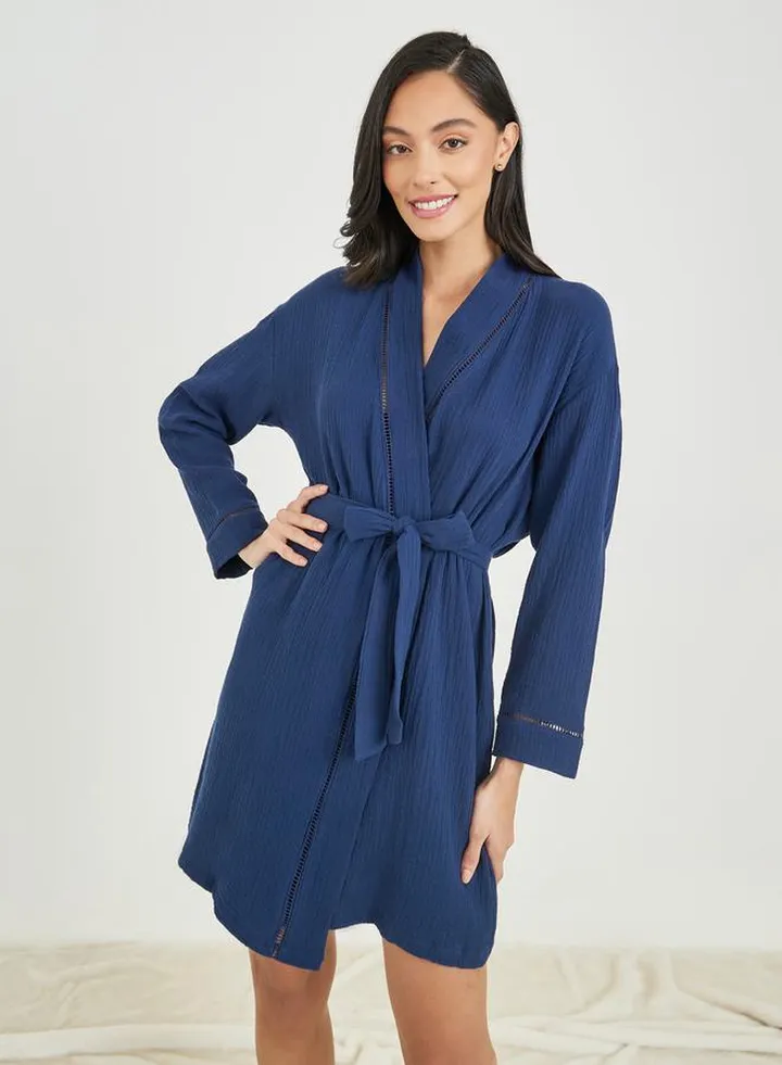 Cotton Gauze Lace Ladder Insert Knee Length Robe