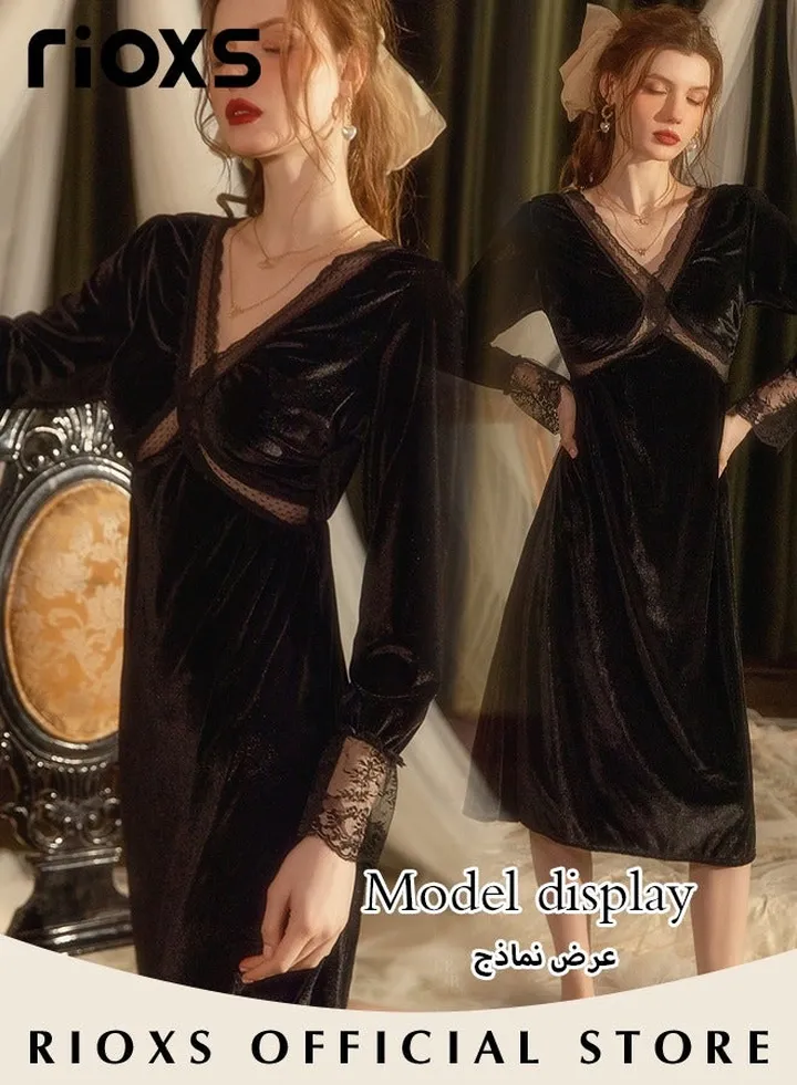 Women's V Neck Lace Hollow Loose Nightdress Loungewear Soft Gold Velvet Sleepwear Long Sleeve Nightgown for Female Home Wear