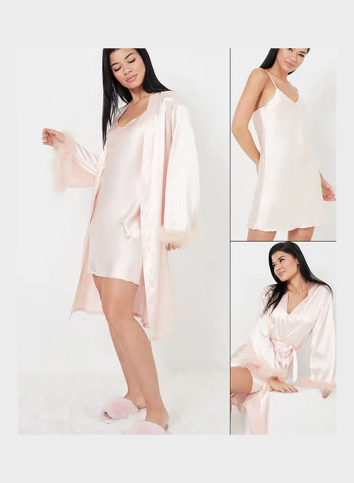Pack of 2 - Satin Cami and Marabou Trim Sleeves Robe