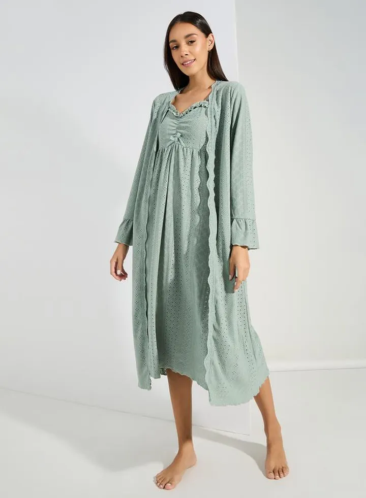 Broderie Lace Trim Detail Ruffle Neck Slip Dress & Robe Set