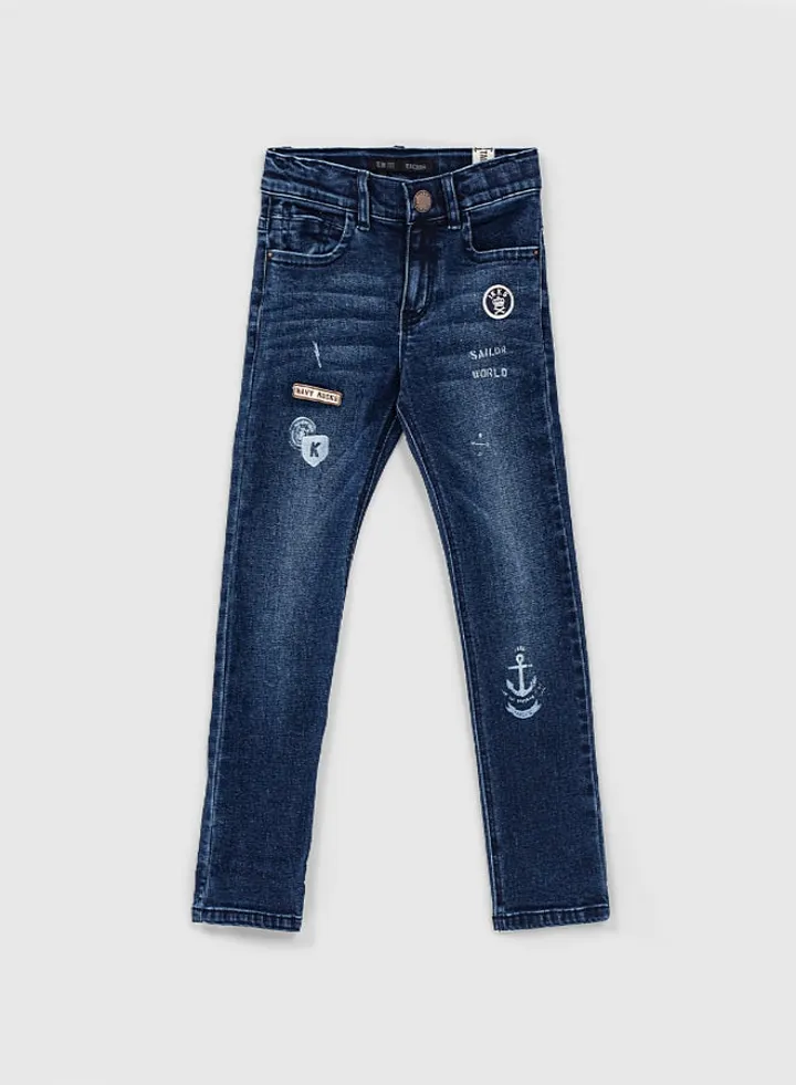 Slim Fit Print And Patch Detailed Jeans Blue