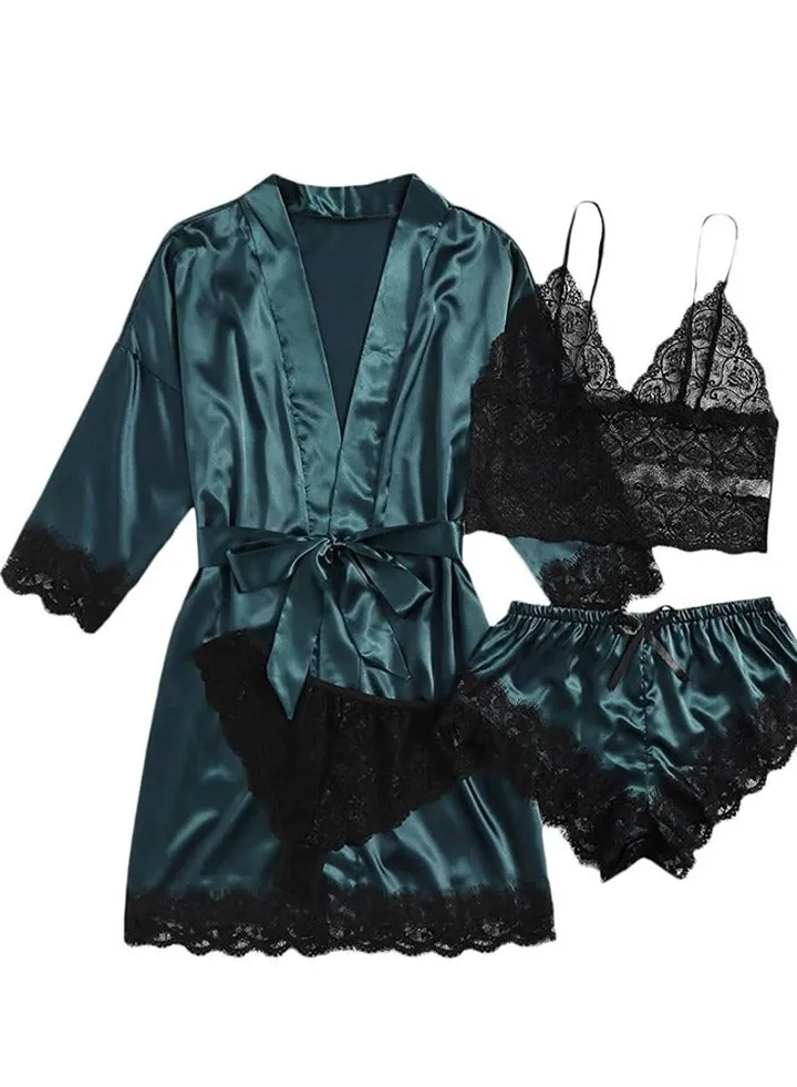 4-piece Women's Lace Sleepwear Set With Robe Summer