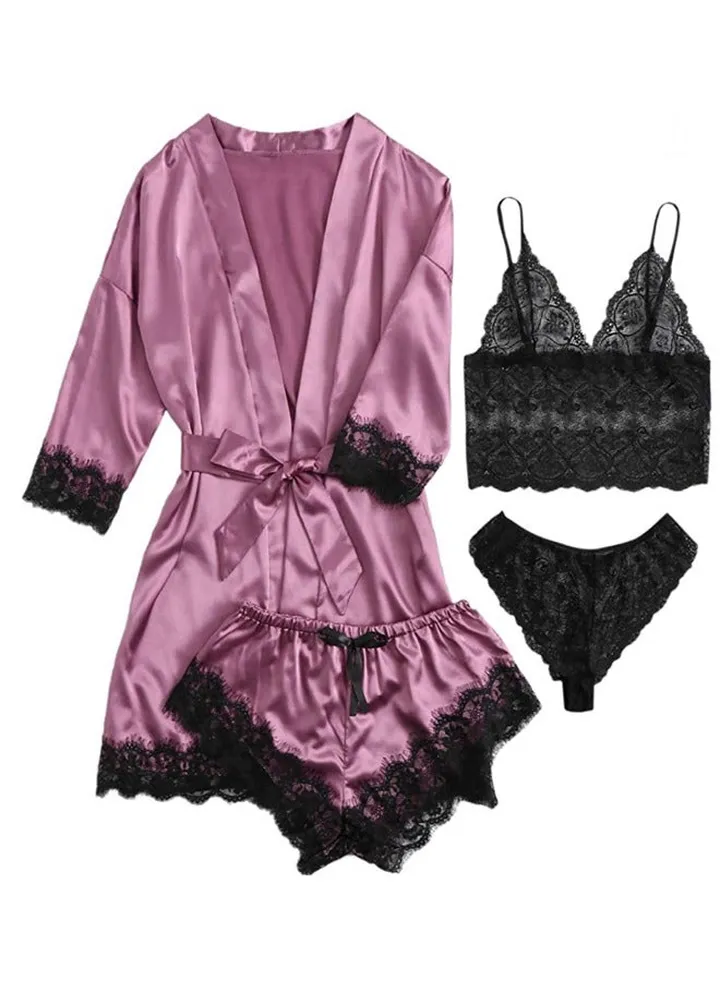 4-piece Women's Lace Sleepwear Set With Robe Summer