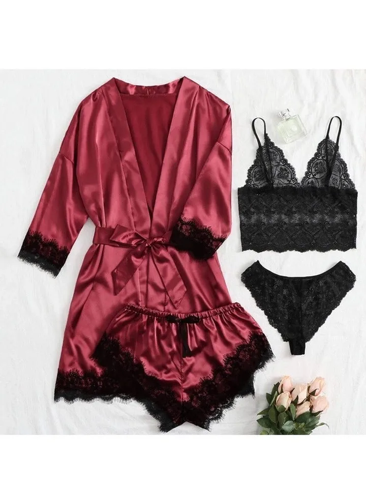 4-piece Women's Lace Sleepwear Set With Robe Summer