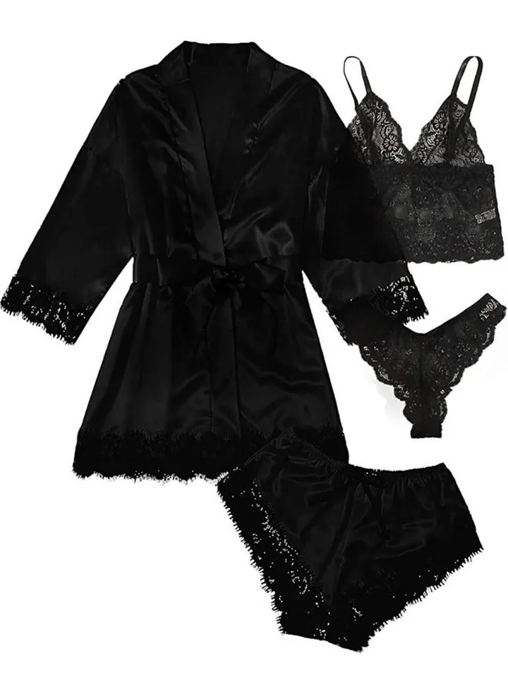 4-piece Women's Lace Sleepwear Set With Robe Summer