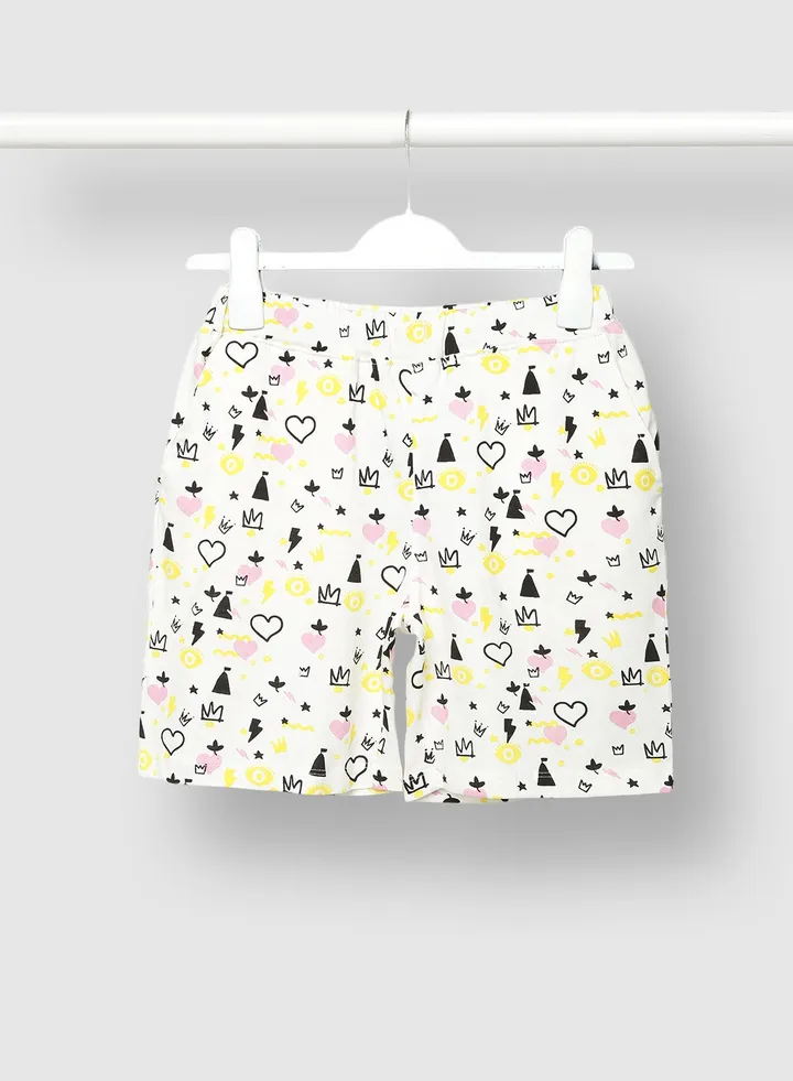 Girls Cotton Printed Lowers Shorts White / Black