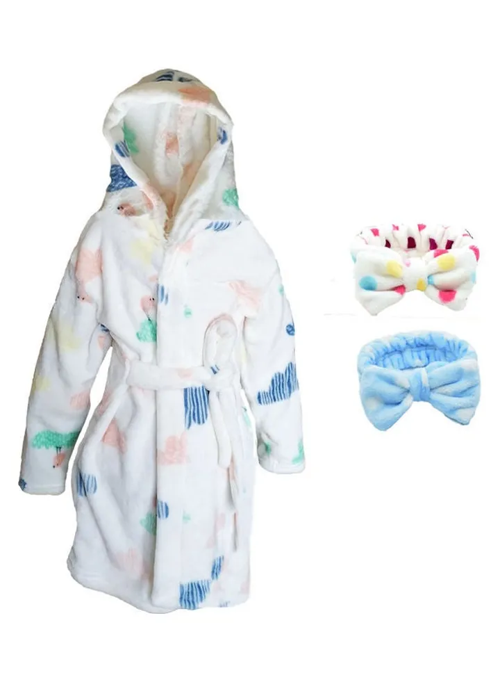 Kids Bath Robe With Headbands White/Blue