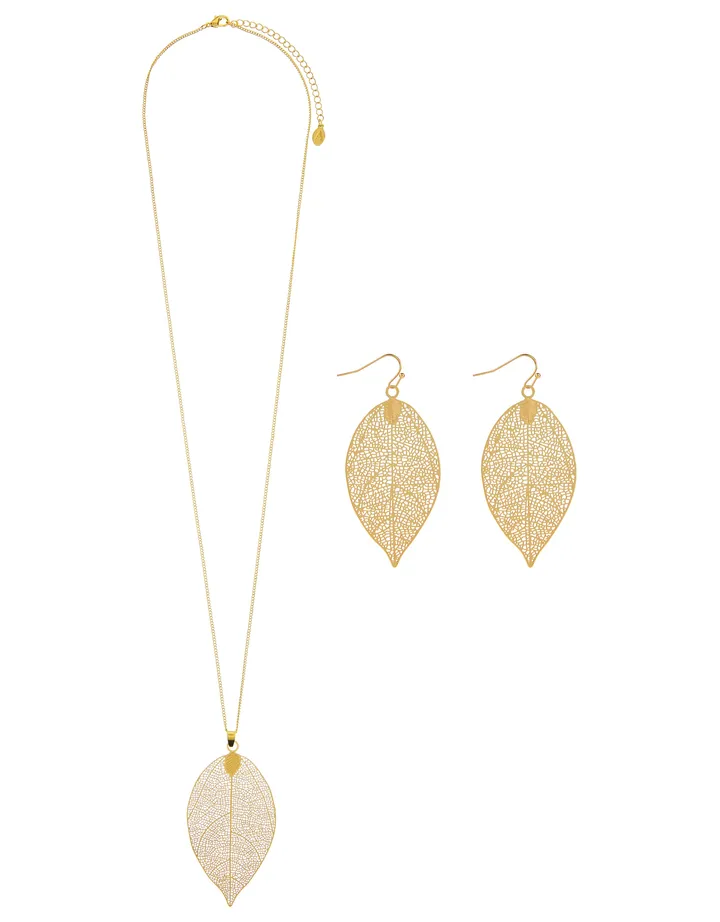 Leaf Pendant Necklace With Earrings