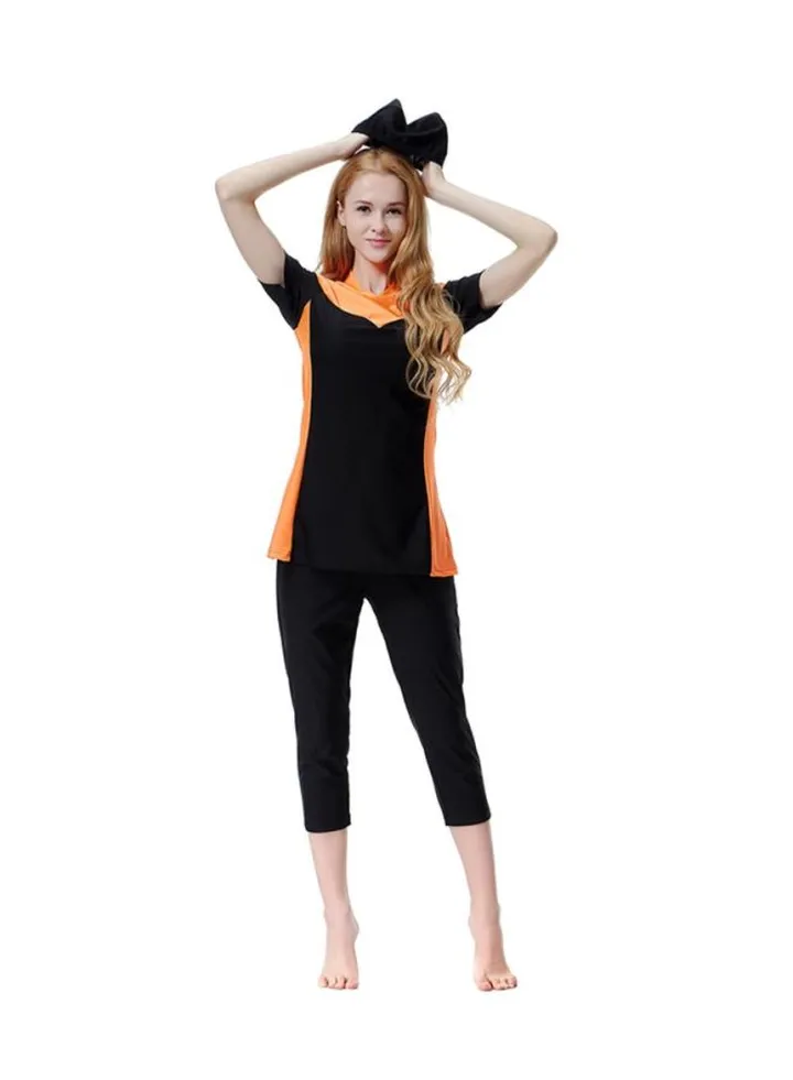3-Piece Short Sleeve Burkini Black/Orange