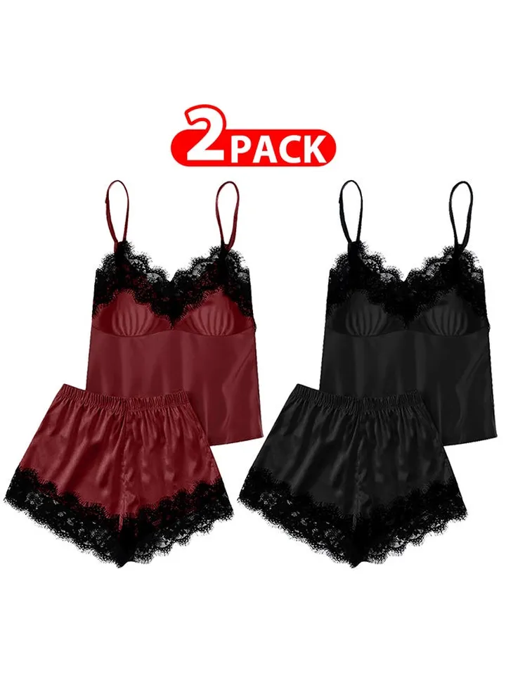 2 Pack Women XXL Size Satin Cami Top and Short Set 2-Piece Lingerie Pajama Set Nightwear Sleepwear Lounge Pjs Set /XXL(bust:88/waist:72)