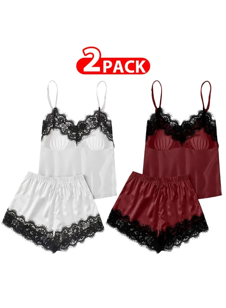 2 Pack Women Medium Size Satin Cami Top and Short Set 2-Piece Lingerie Pajama Set Nightwear Sleepwear Lounge Pjs Set /M(bust:82/waist:66)