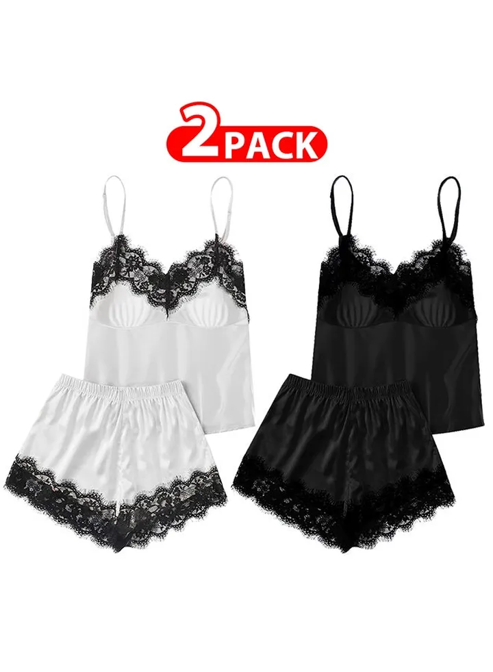 2 Pack Women XXL Size Satin Cami Top and Short Set 2-Piece Lingerie Pajama Set Nightwear Sleepwear Lounge Pjs Set /XXL(bust:88/waist:72)