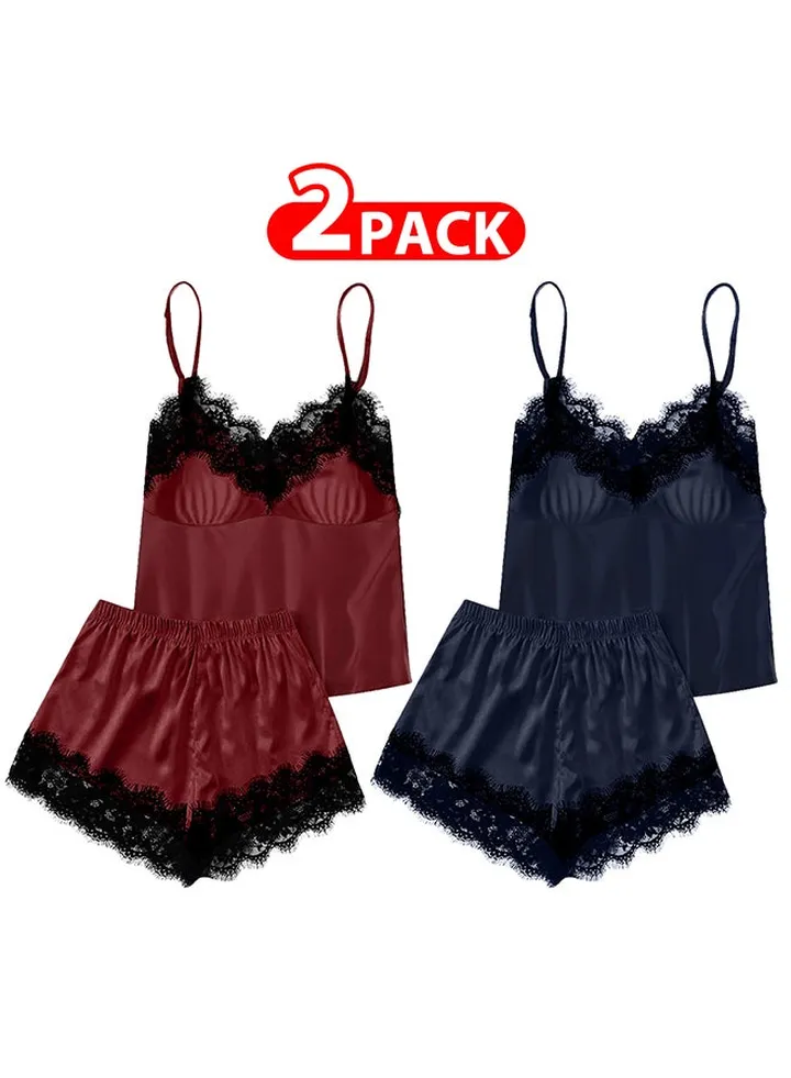 2 Pack Women XXL Size Satin Cami Top and Short Set 2-Piece Lingerie Pajama Set Nightwear Sleepwear Lounge Pjs Set /XXL(bust:88/waist:72)