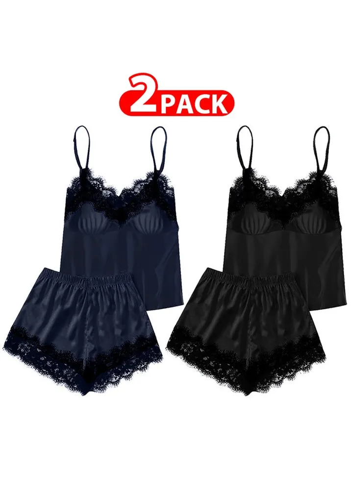 2 Pack Women Medium Size Satin Cami Top and Short Set 2-Piece Lingerie Pajama Set Nightwear Sleepwear Lounge Pjs Set /M(bust:82/waist:66)