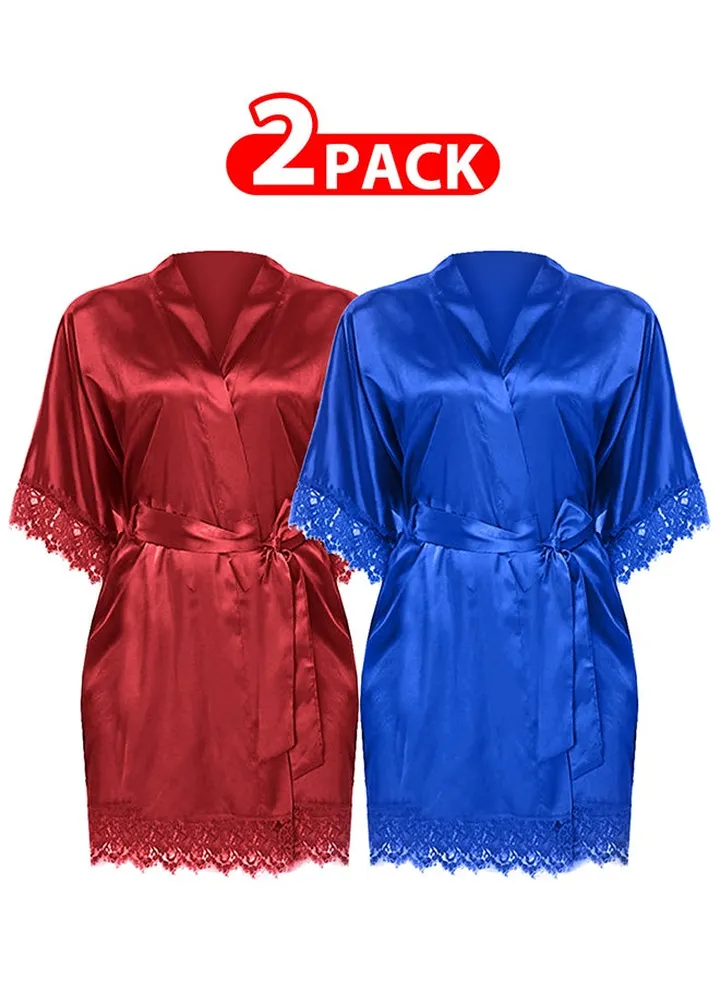 2 Pack XXL Size Women Satin Robe Belted Silky Robe Sleepwear Bridal Robe Kimono Lace Sleeve Nightgown /XXL(bust:92-96/waist:76-80)
