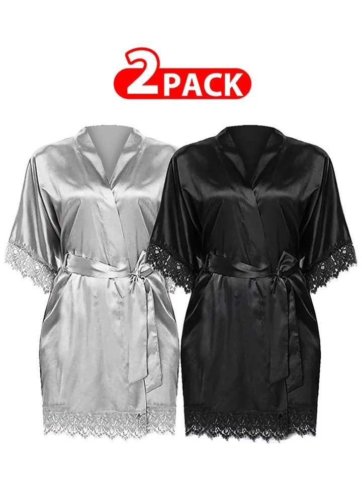 2 Pack XL Size Women Satin Robe Belted Silky Robe Sleepwear Bridal Robe Kimono Lace Sleeve Nightgown /XL(bust:88-92/waist:72-76)