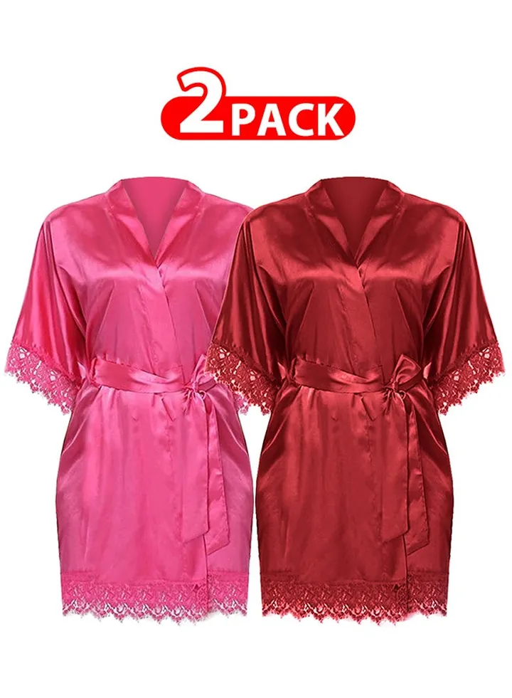 2 Pack Medium Size Women Satin Robe Belted Silky Robe Sleepwear Bridal Robe Kimono Lace Sleeve Nightgown /M(bust:80-84/waist:64-68)