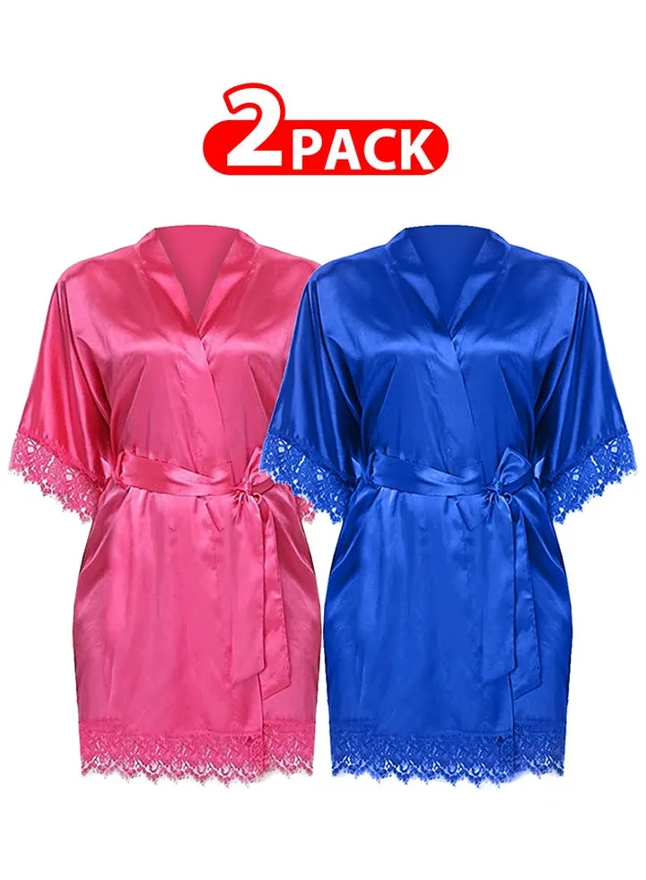 2 Pack Medium Size Women Satin Robe Belted Silky Robe Sleepwear Bridal Robe Kimono Lace Sleeve Nightgown /M(bust:80-84/waist:64-68)