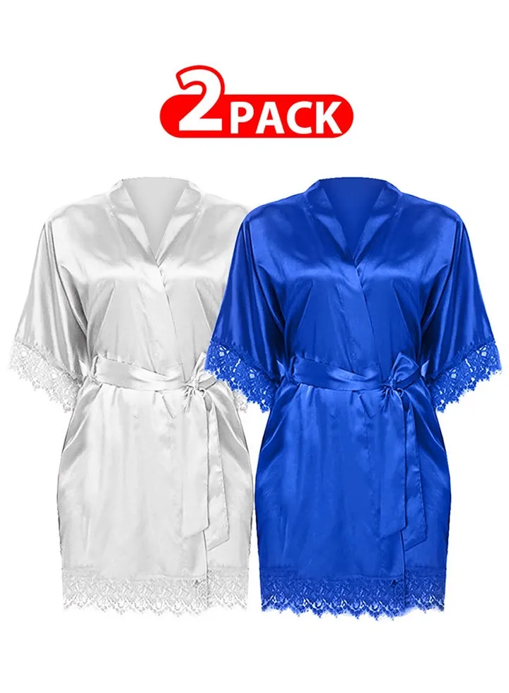 2 Pack XXL Size Women Satin Robe Belted Silky Robe Sleepwear Bridal Robe Kimono Lace Sleeve Nightgown /XXL(bust:92-96/waist:76-80)