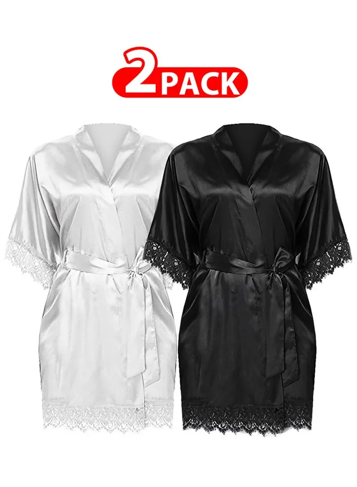 2 Pack Small Size Women Satin Robe Belted Silky Robe Sleepwear Bridal Robe Kimono Lace Sleeve Nightgown /S(bust:76-80/waist:60-64)