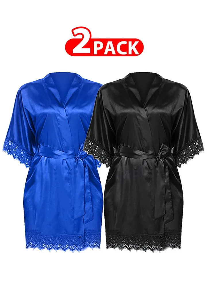 2 Pack Large Size Women Satin Robe Belted Silky Robe Sleepwear Bridal Robe Kimono Lace Sleeve Nightgown /L(bust:84-88/waist:68-72)