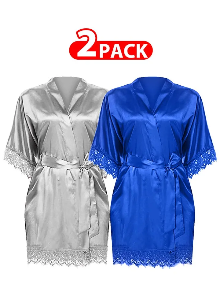 2 Pack XXL Size Women Satin Robe Belted Silky Robe Sleepwear Bridal Robe Kimono Lace Sleeve Nightgown /XXL(bust:92-96/waist:76-80)