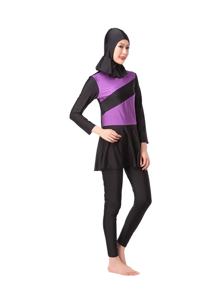 Two-Tone Long Sleeve Burkini Black/Purple