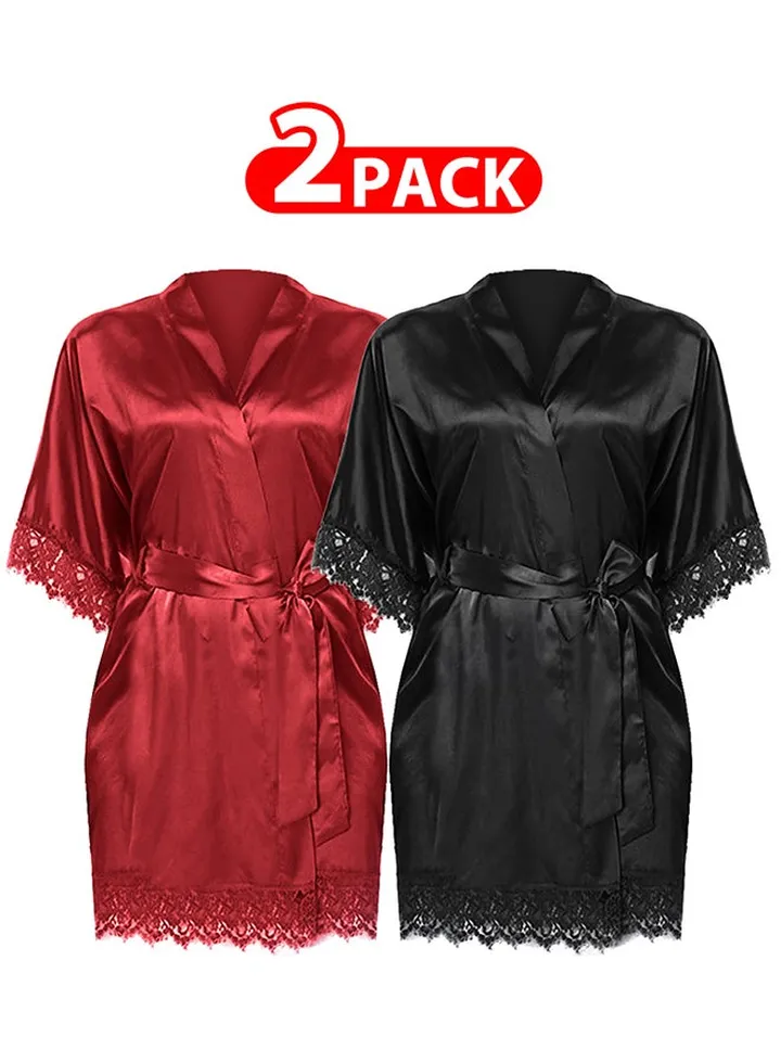 2 Pack Small Size Women Satin Robe Belted Silky Robe Sleepwear Bridal Robe Kimono Lace Sleeve Nightgown /S(bust:76-80/waist:60-64)