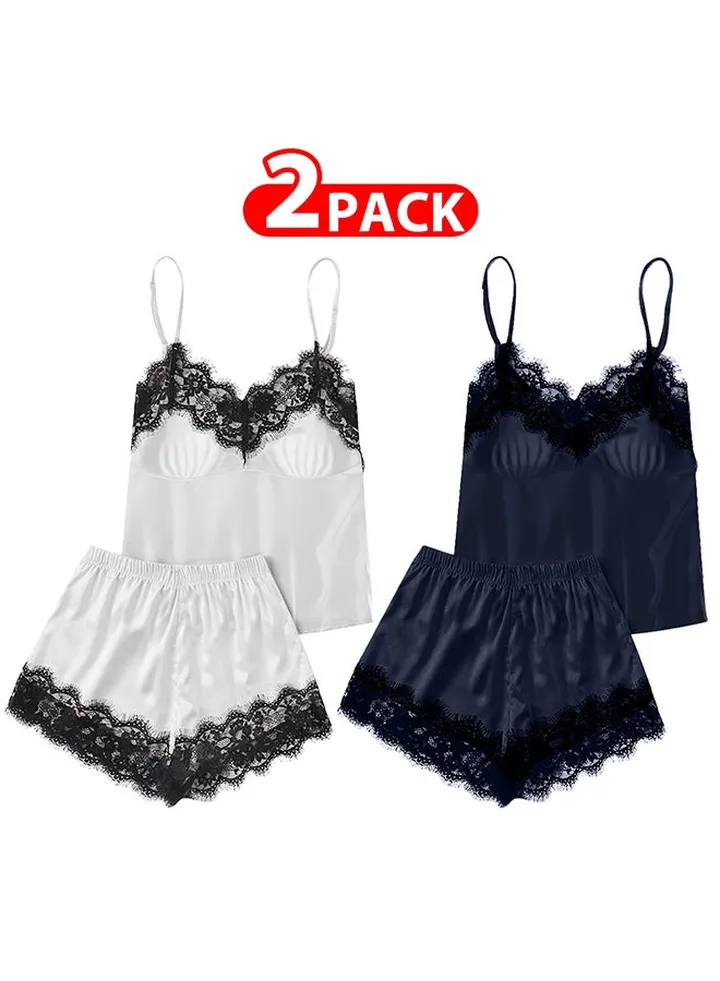 2 Pack Women XL Size Satin Cami Top and Short Set 2-Piece Lingerie Pajama Set Nightwear Sleepwear Lounge Pjs Set /XL(bust:86/waist:70)